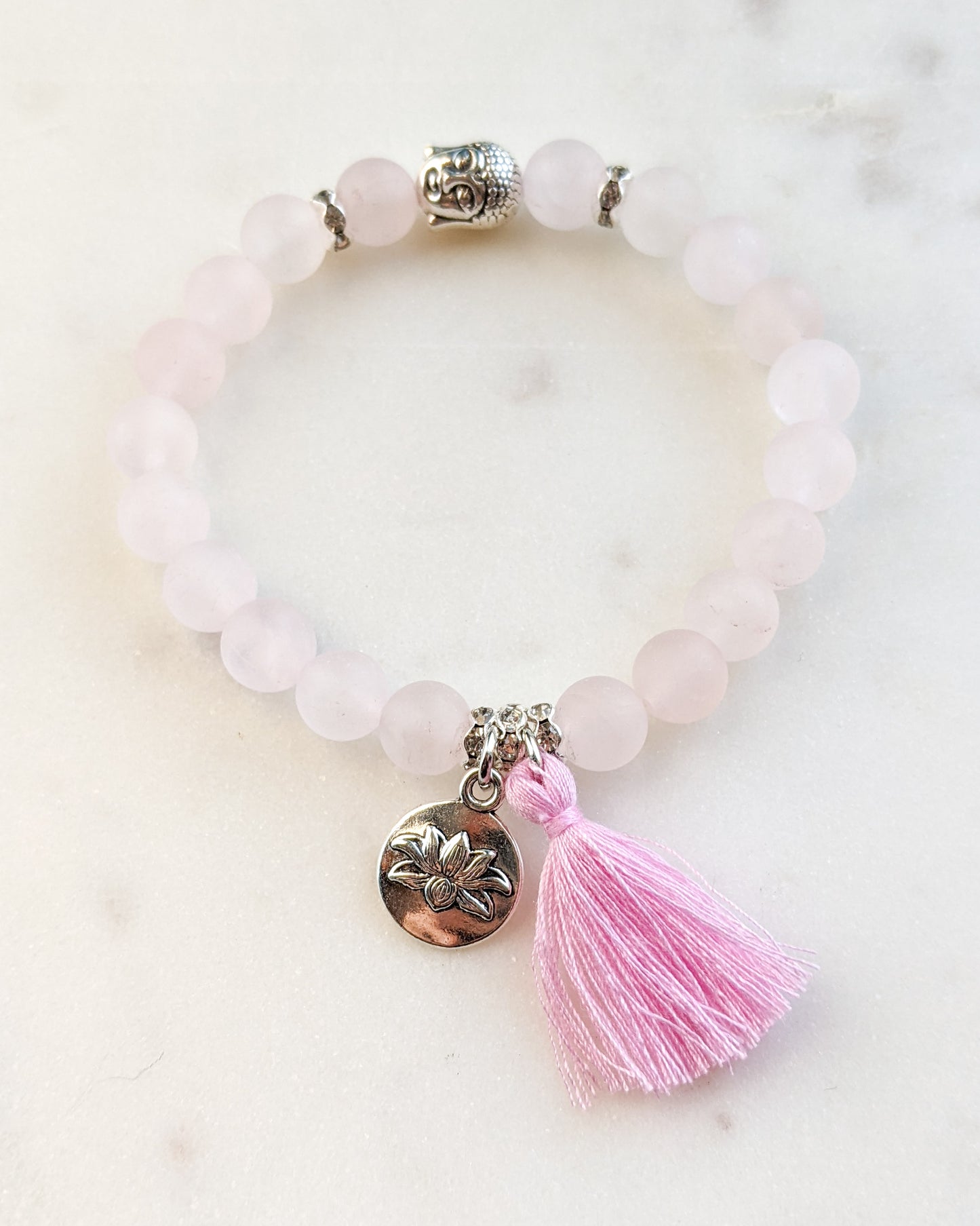 Rose Quartz Buddha/Lotus Mala Bracelet