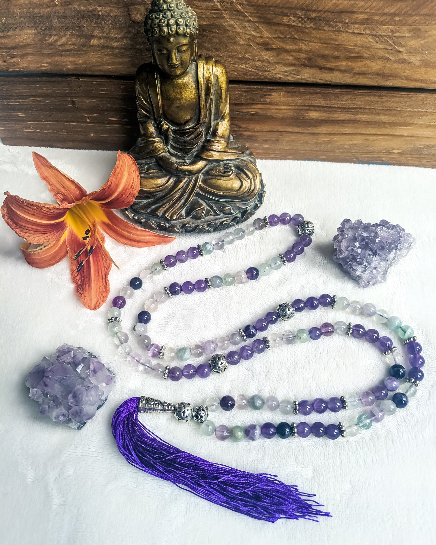 Gemstone Mala Necklace (Amethyst/Fluorite)