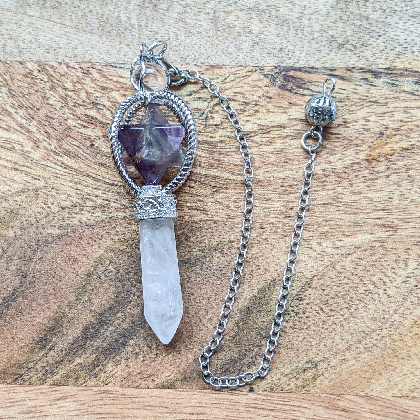 Amethyst/Clear Quartz Spinning Merkaba Pendulum