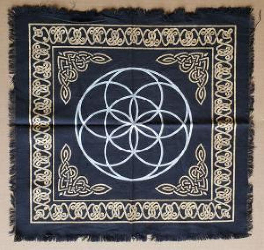 Seed of Life Altar Cloth 18x18" Gold & Silver print on Black